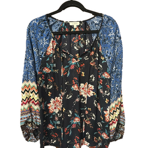 Umgee Floral Mixed-Print Boho Blouse in Navy, Blue, Coral
